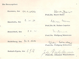 Unterschriften der Herausgeber zum Verlagsvertrag, Kopie Max Weber-Arbeitsstelle, BAdW München