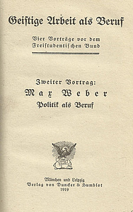 Titelblatt, Erstausgabe 1919; Max Weber-Arbeitsstelle München (siehe MWG I/17)