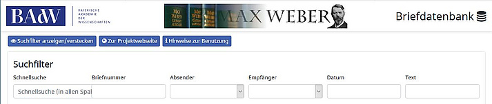 Screenshot Startseite Max-Weber-Brief-Datenbank