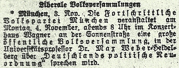Lecture announcement in the München-Augsburger Abendzeitung from Nov. 4th, 1918; collection Max Weber-Arbeitsstelle Munich – the political speeches on a new order in Germany are edited in MWG I/16.