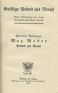 Title page, first edition 1919; Max Weber-Arbeitsstelle Munich (MWG I/17)